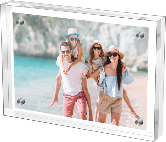 Small 3.5×5 Inches Acrylic Picture Frame，Clear Magnetic Picture Frame for Wedding，Double Sided Frameless Photo Frame for Desktop Free Standing， Display Stand Photo Frame