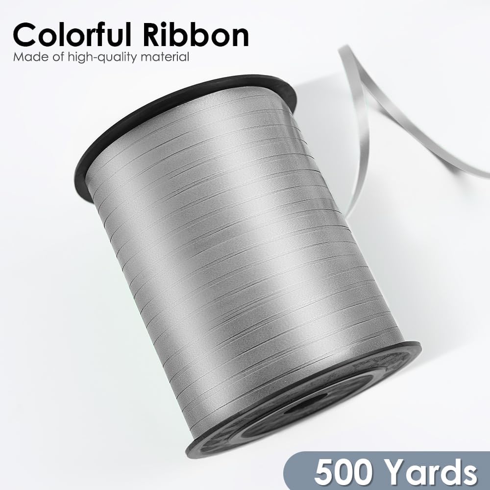 Silver Curling Ribbon - 500 Yard Curly Gift Ribbon for Wrapping, Balloons & Floral Arrangements