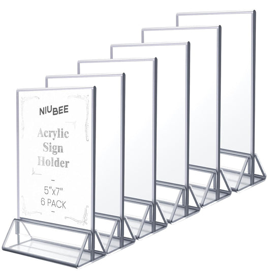 NIUBEE 6Pack 5x7 Clear Acrylic Sign Holder with Sliver Borders and Vertical Stand, Double Sided Table Menu Holders Picture Frames for Wedding Table Numbers, Restaurant Signs, Photos and Art Display