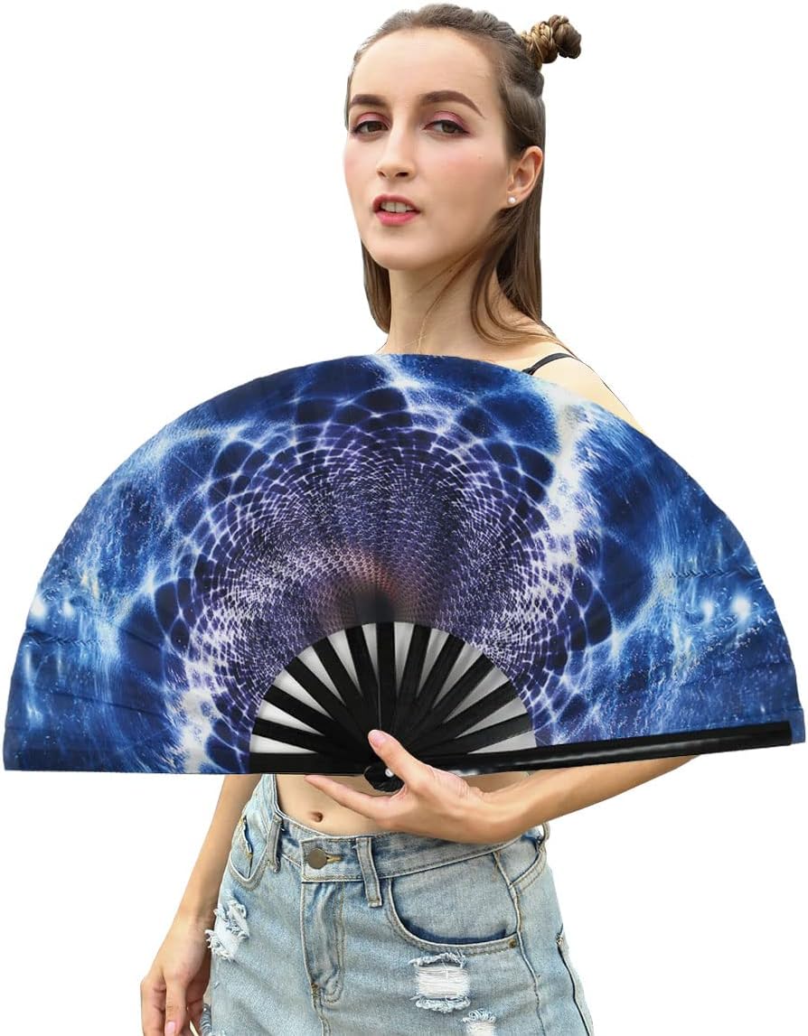 Amajiji Large Folding Hand Rave Fan Popping Fan for Line Dancing Clacking Fans for Boots On The Ground Dance,Party,Decoration,Festival (Fantasy starry sky)