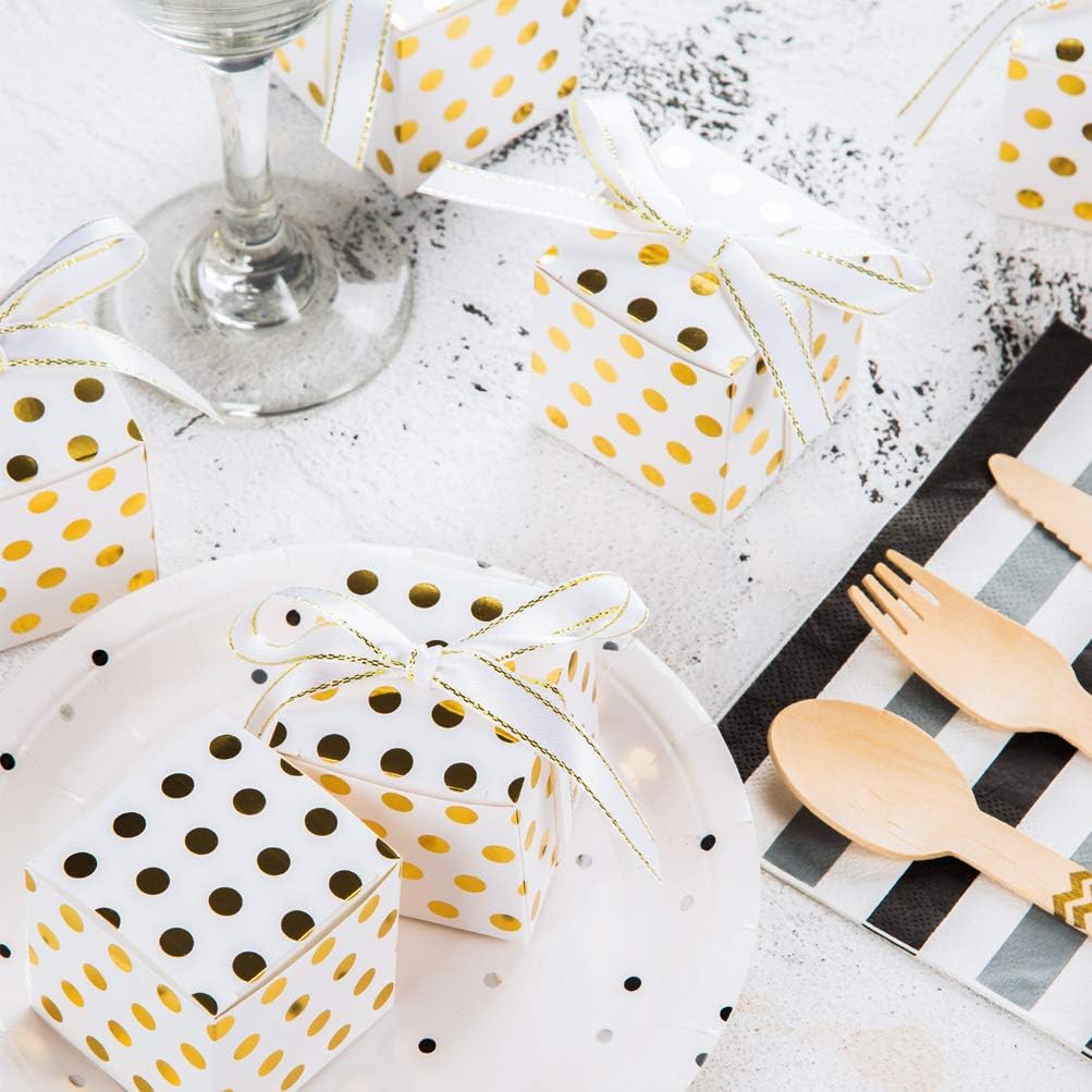 AWELL White Gift Candy Box Bulk with Gold Dots 2x2x2 inches with Ribbon Party Favor Box, Gold Dots, Pack of 50