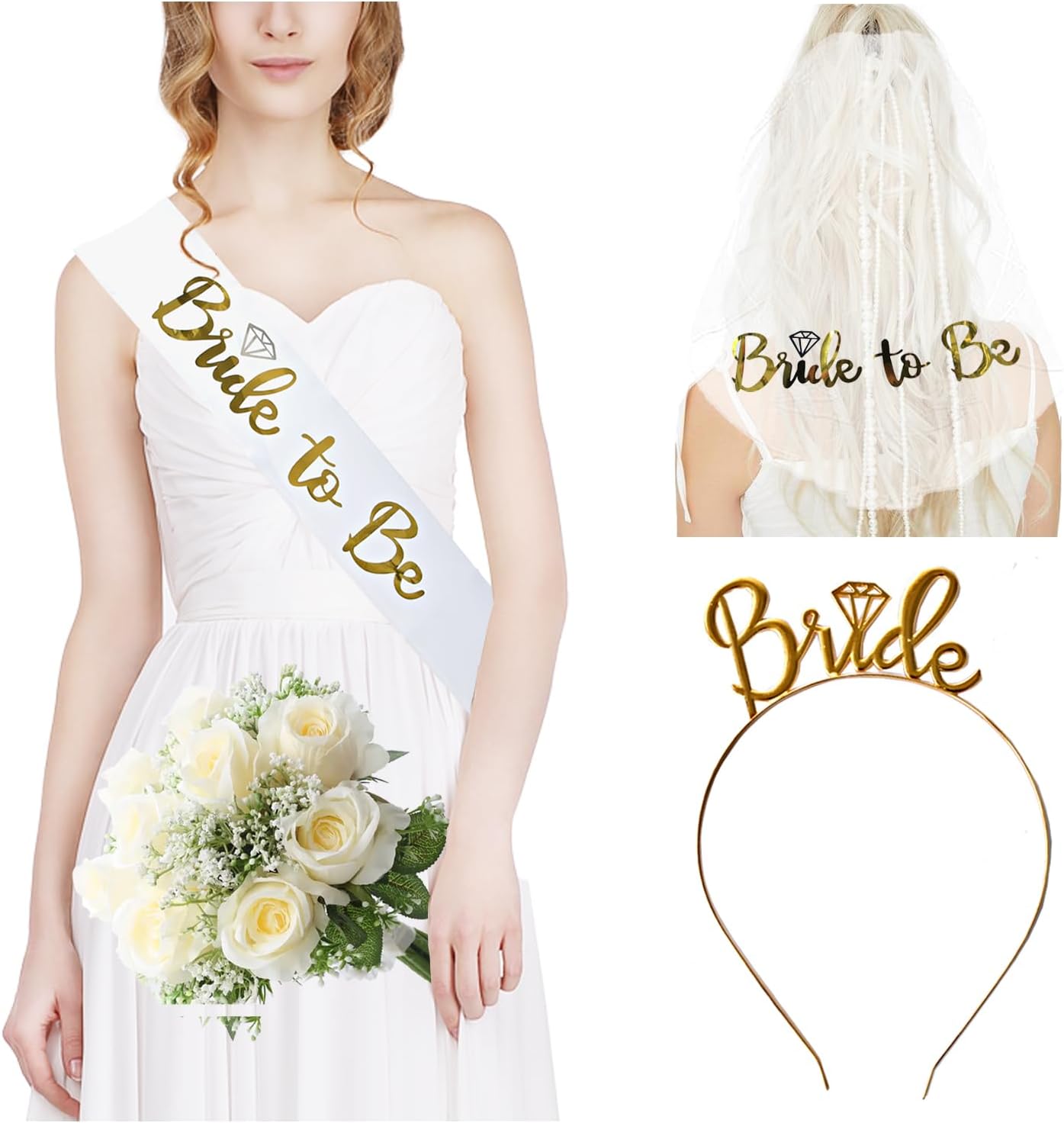 3 Pack Bride to Be Decorations Set, Bride to Be Sash, White Bride Veil, Bride Headband Tiara for Bachelorette Party Bridal Shower Decoration(White with Gold)