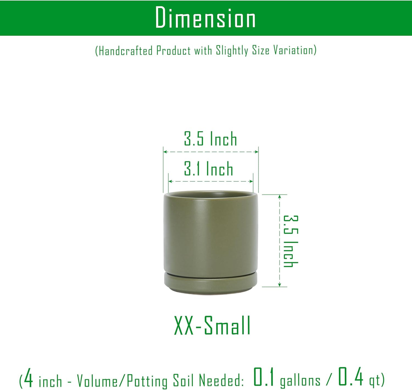 D'vine Dev Set of 4 Small Ceramic Plant Pots, 3.5 Inch Succulent Planter Pot for Plants with Drainage Hole and Saucer, Olive, 94-X-A-0