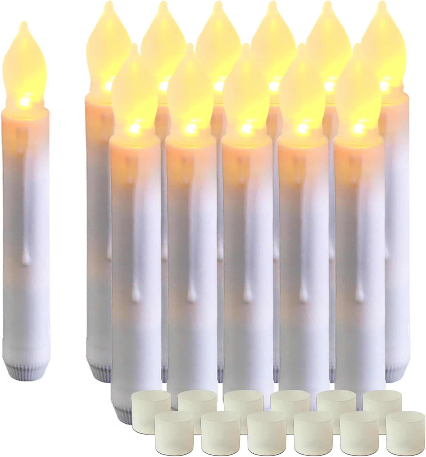 Amagic 12 Pcs Flameless LED Taper Candles, No Remote, Magical Hanging Floating Candles, Battery Operated Candlesticks, Electric Fake Candles Flickering 6.5" for Halloween Party Church Christmas Decor