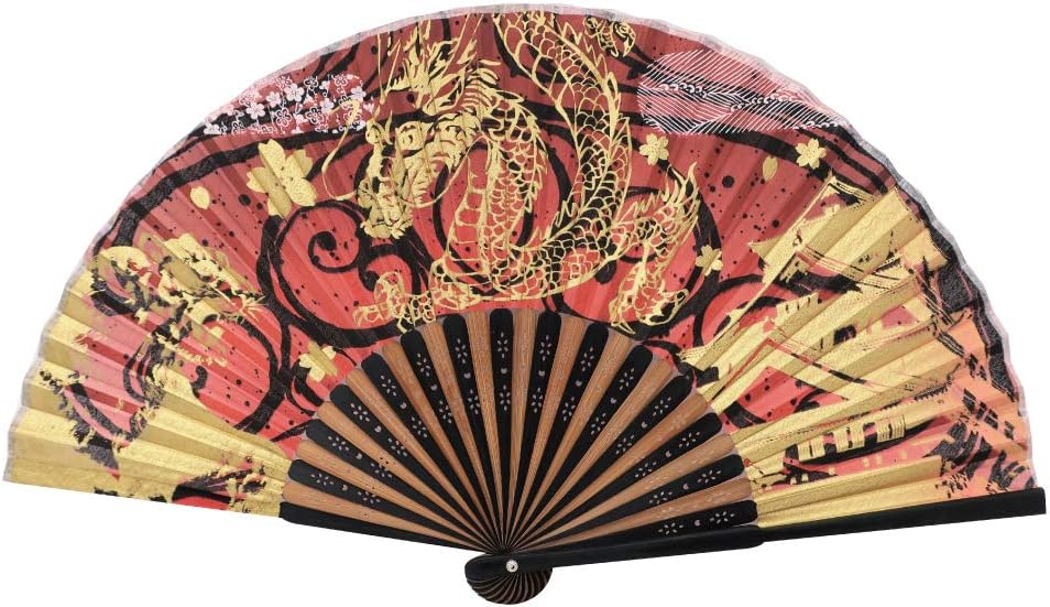 Terra Distribution Folding Fan [Japan Import] Hand Fans for Women Foldable, Japanese Fan, Unique Design, Handmade Bamboo, Silk Fan, 8.6" (22cm), Abanicos de Mano (320 (Tiger, Dragon, Castle))