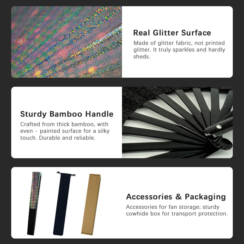 Large Rave Fan, Clack Folding Hand Fan with Premium Fabric, Thick Bamboo Frame for Men Women Gift for EDM, Festival, Club, Party, Dance, Decoration (Lridescent Light, 13")