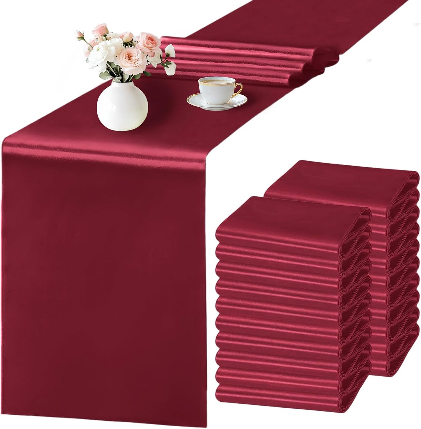 SHEJIZE 20 Pack Wine Red SatinTable Runner 12x108 Inches Long, Bright Silky Smooth Satin Table Runner Table Decor for Wedding Banquet Christmas Prom Event Birthday Party
