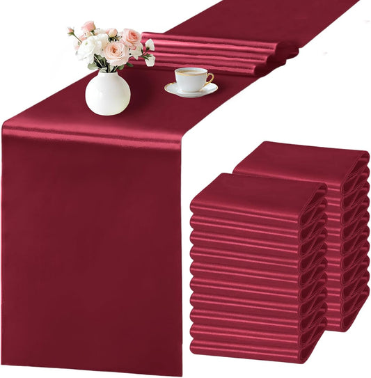 SHEJIZE 20 Pack Wine Red SatinTable Runner 12x108 Inches Long, Bright Silky Smooth Satin Table Runner Table Decor for Wedding Banquet Christmas Prom Event Birthday Party