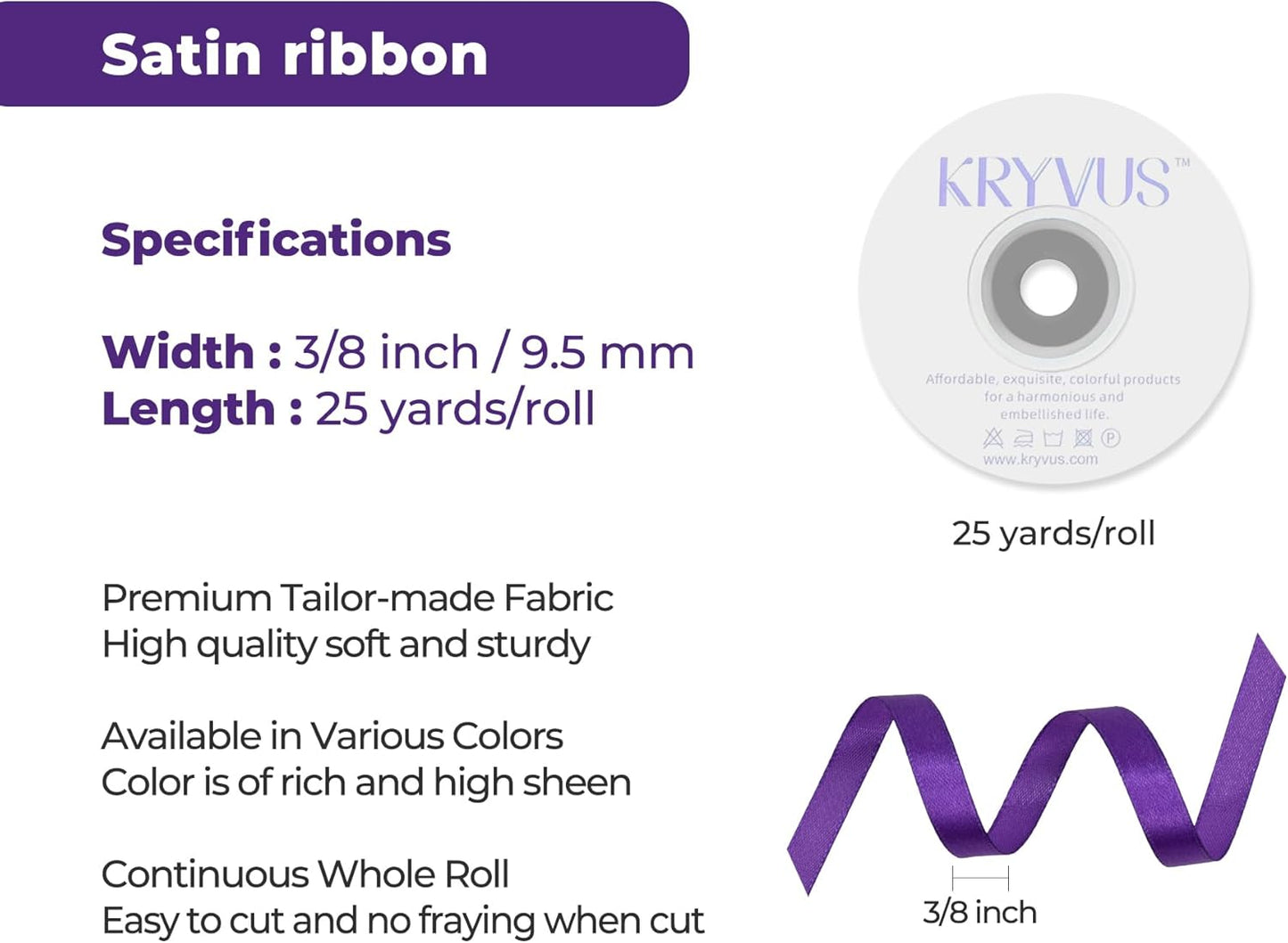Purple Satin Ribbon 3/8 inch X Continuous 25 Yards, Single Face Polyester Ribbon Perfect for Gift Wrapping, Flower Bouquet, Wedding Decor, Crafts, Bow Making, Sewing and More
