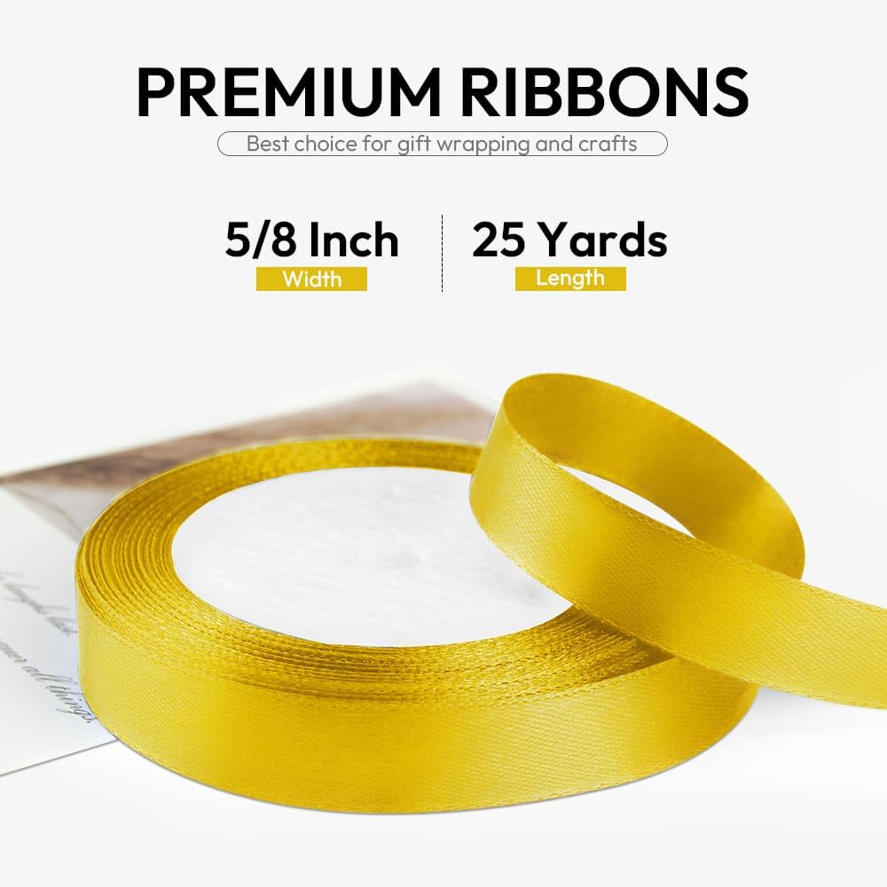 5/8 Inch 25 Yards Satin Ribbon Yellow, Solid Color Fabric Ribbon for Gift Wrapping, Wedding, Polyester Gift Ribbon for Birthday Party Decoration, Craft, Hair, Floral, Sewing