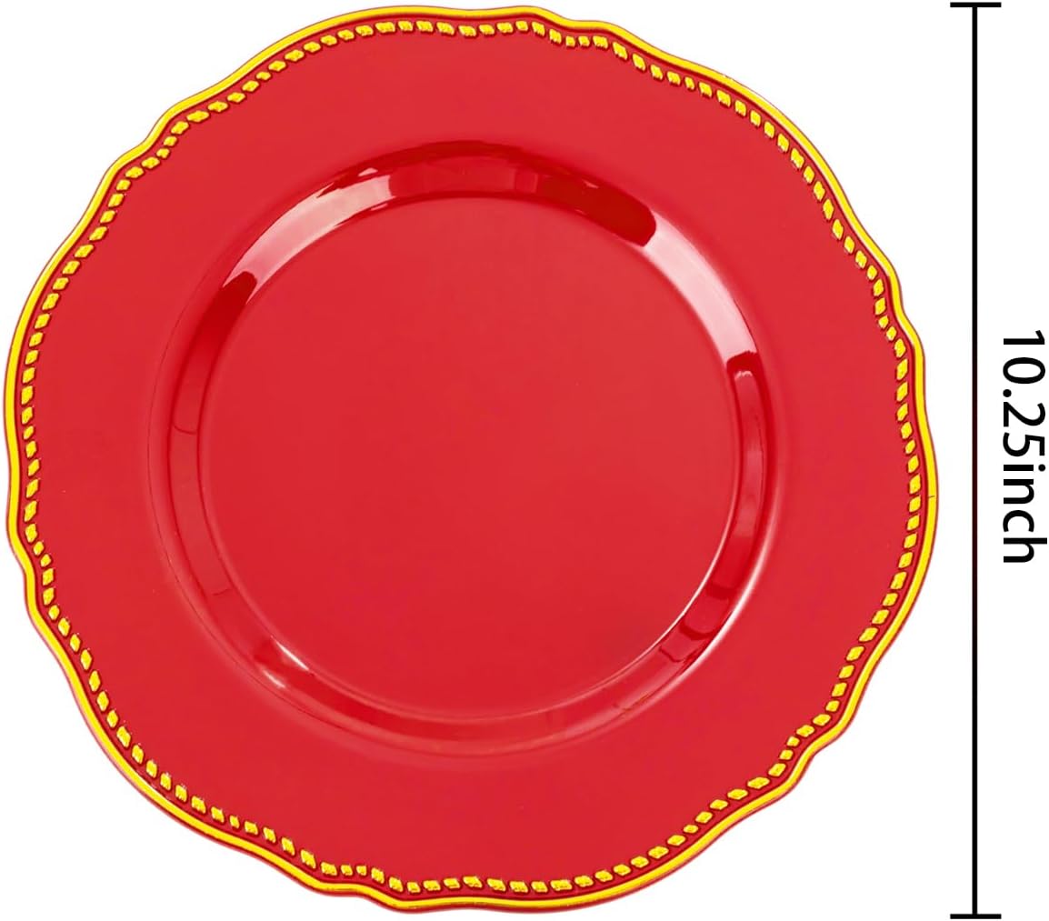 Hioasis 60pcs Red Plastic Plates - Red and Gold Disposable Dinnerware with Gold Rim, Heavy-duty, 10.25 inch, Dinner Plates for Party & Wedding