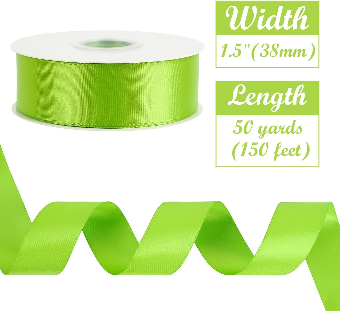 HUIHUANG Lime Green Satin Ribbon 1-1/2 inch x 50 Yards Double-Faced Silk Satin Ribbon for Gift Wrapping, Bows, Christmas Tree, Flower Bouquet, Eternal Flowers, DIY Crafts, Party Favors
