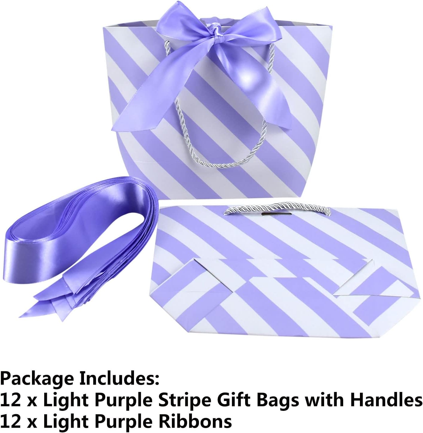HUAPRINT Gift Bags with Handles,7.48×3.54×7.9 inches,Party Favor Bags with Bow Ribbon,12Pcs White and Light Purple Stripe Paper Bags for Birthday Wedding Bridesmaid Present Celebration Holiday