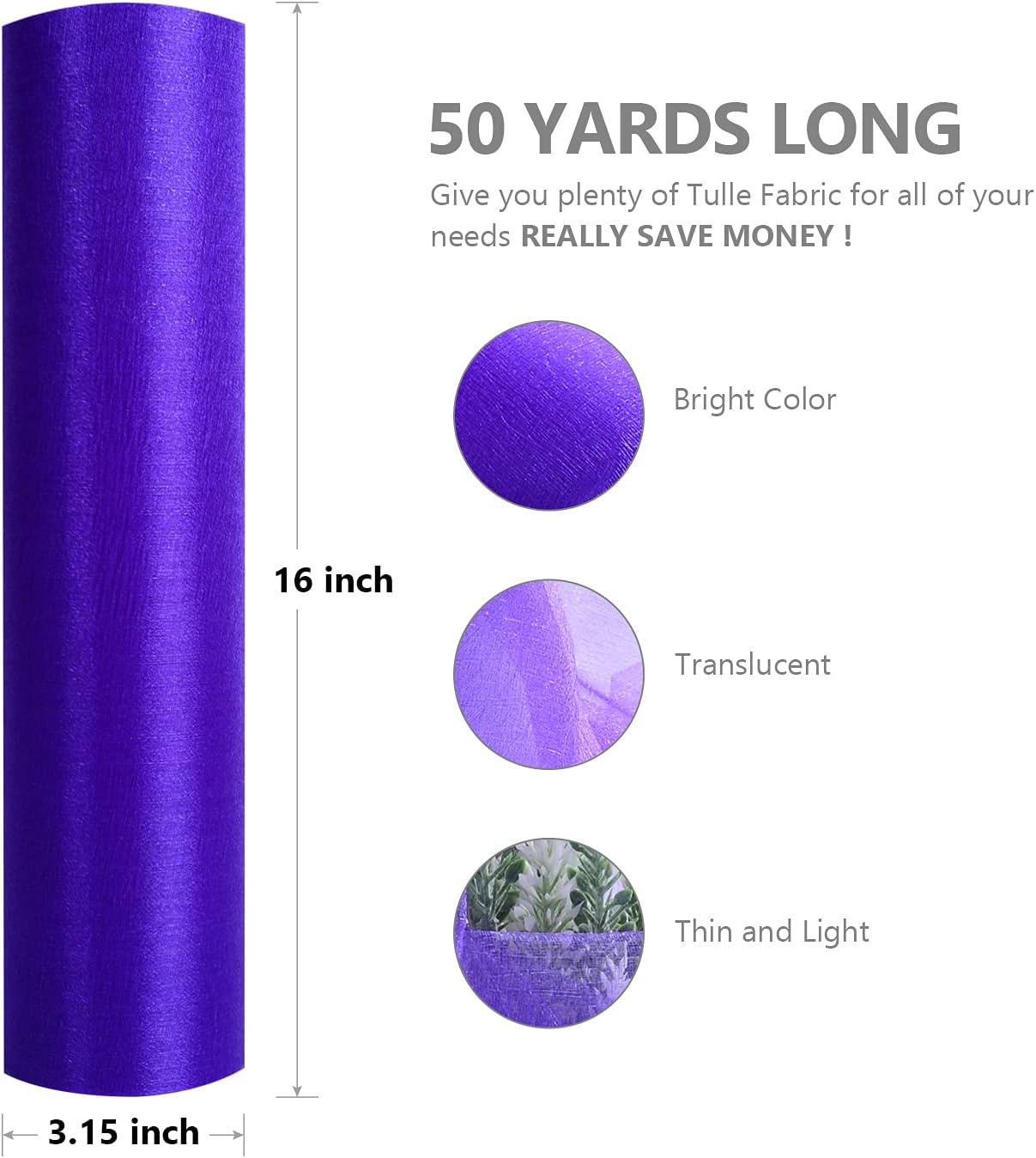 Crystal Organza Fabric Tulle - 16" by 50 Yards Sheer Fabric for Wedding Party Decoration Bridal Shower Tutu Roll Netting Spool Ribbon Wrapping (Dark Purple)