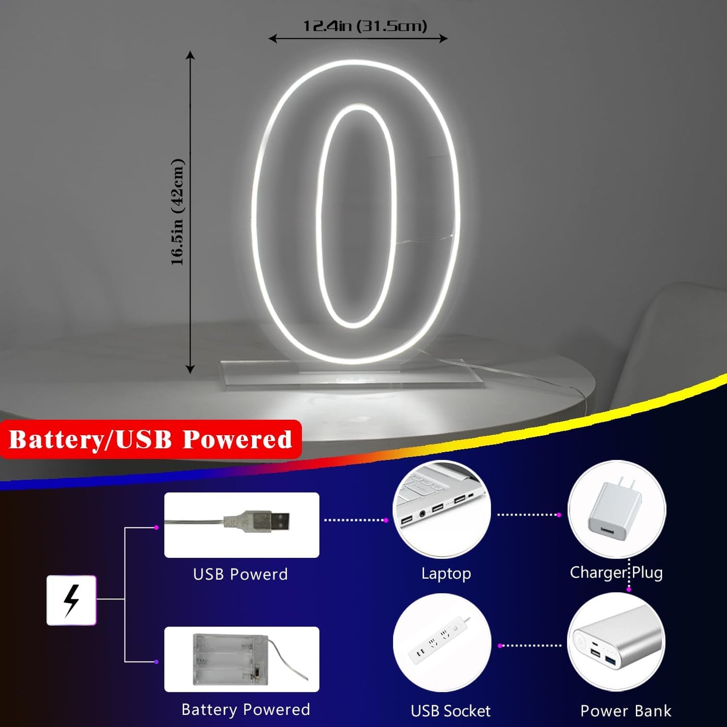 Number 0 Neon Sign Light, 16.54" Cool White USB Battery Powered Led Neon Sign for Party Wedding Anniversary Decor Light Sign (Number 0)