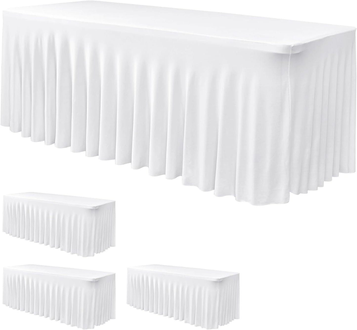 Nasitos White Table Skirt for 8 Foot Rectangle Tables, 4 Pack - 96 x 30 Inch - Stretch Spandex Fitted Table Clothes, Fabric Table Covers Cocktail Tablecloths for Party, Banquet, Birthday