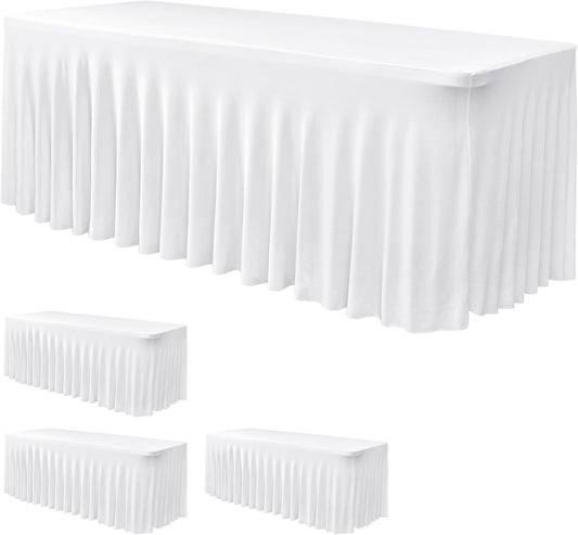 Nasitos White Table Skirt for 6 Foot Rectangle Tables, 4 Pack - 72 x 30 Inch - Stretch Spandex Fitted Table Clothes, Fabric Table Covers Cocktail Tablecloths for Party, Banquet, Birthday