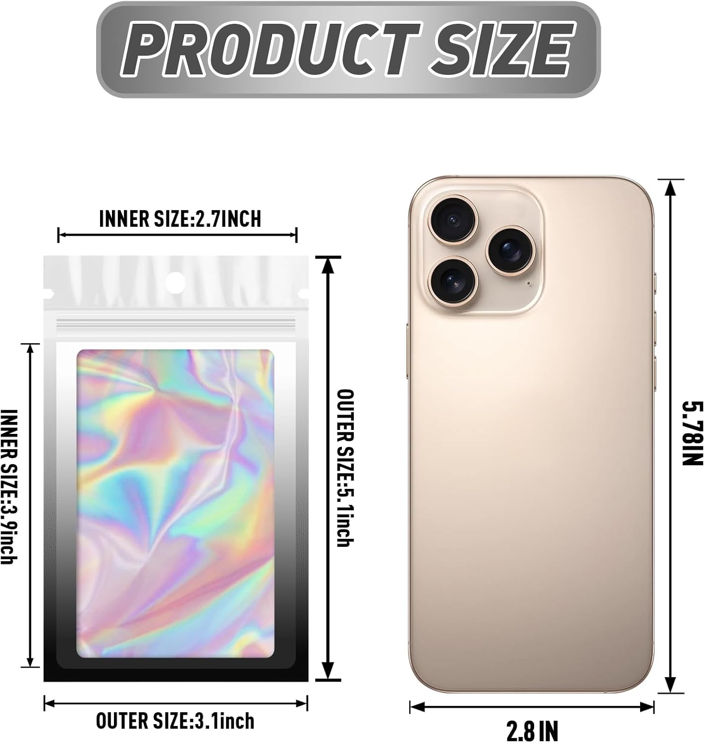 Funfery 100 Pack Gradient Holographic Bags,Resealable Bags with Zipper,Clear Window Packaging Pouchs,Foil Bag for Food Storage,Small Business,Sample Jewelry Bag(3.1×5.1In,White Black)