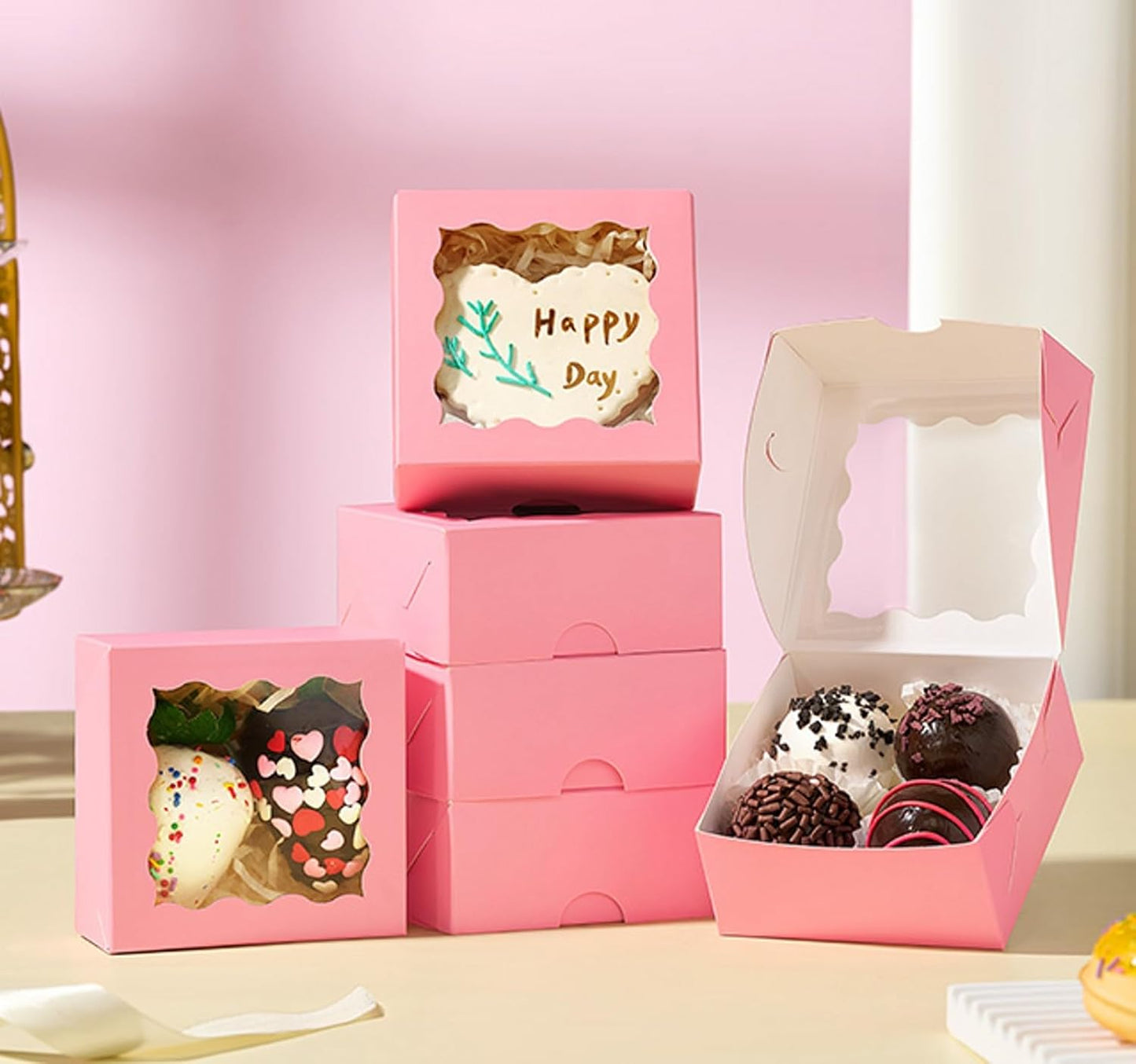 RomanticBaking 3 ¼" x 3 ¼" x 1 ½" 100PCS Chocolate Truffle Boxes for 4，Cookies Boxes Soap Boxes Donut Boxes Macaron Boxes Mini Bakery Boxes with Window Brownie Box