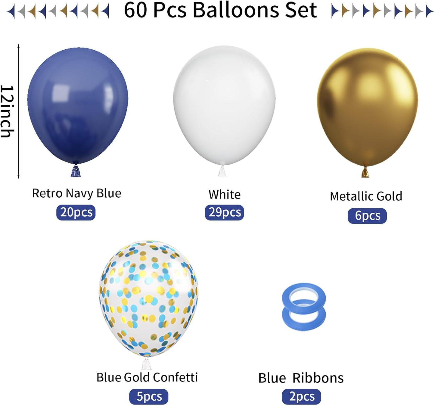 Navy Blue and Gold Balloons, 60Pcs Night Blue Gold Balloons, 12 Inch Metallic Gold Blue Confetti Balloons White Latex Balloons for Boys Birthday Baby Shower Wedding Graduation Party Decorations