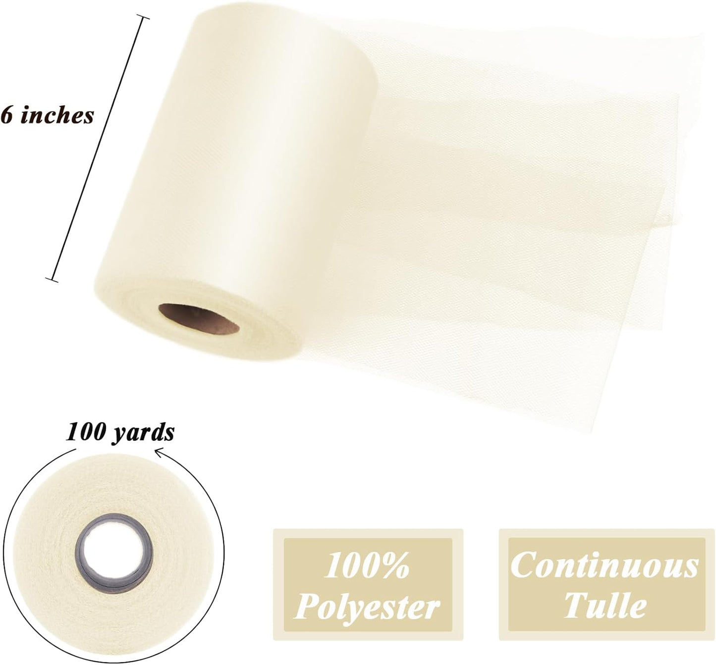 Ivory Tulle Fabric Roll 6" by 100 Yards (300 ft) Soft Tulle Spool for DIY Crafting Favor Supplies, Tutus, Wedding, Party Decorations, Gift Wrapping