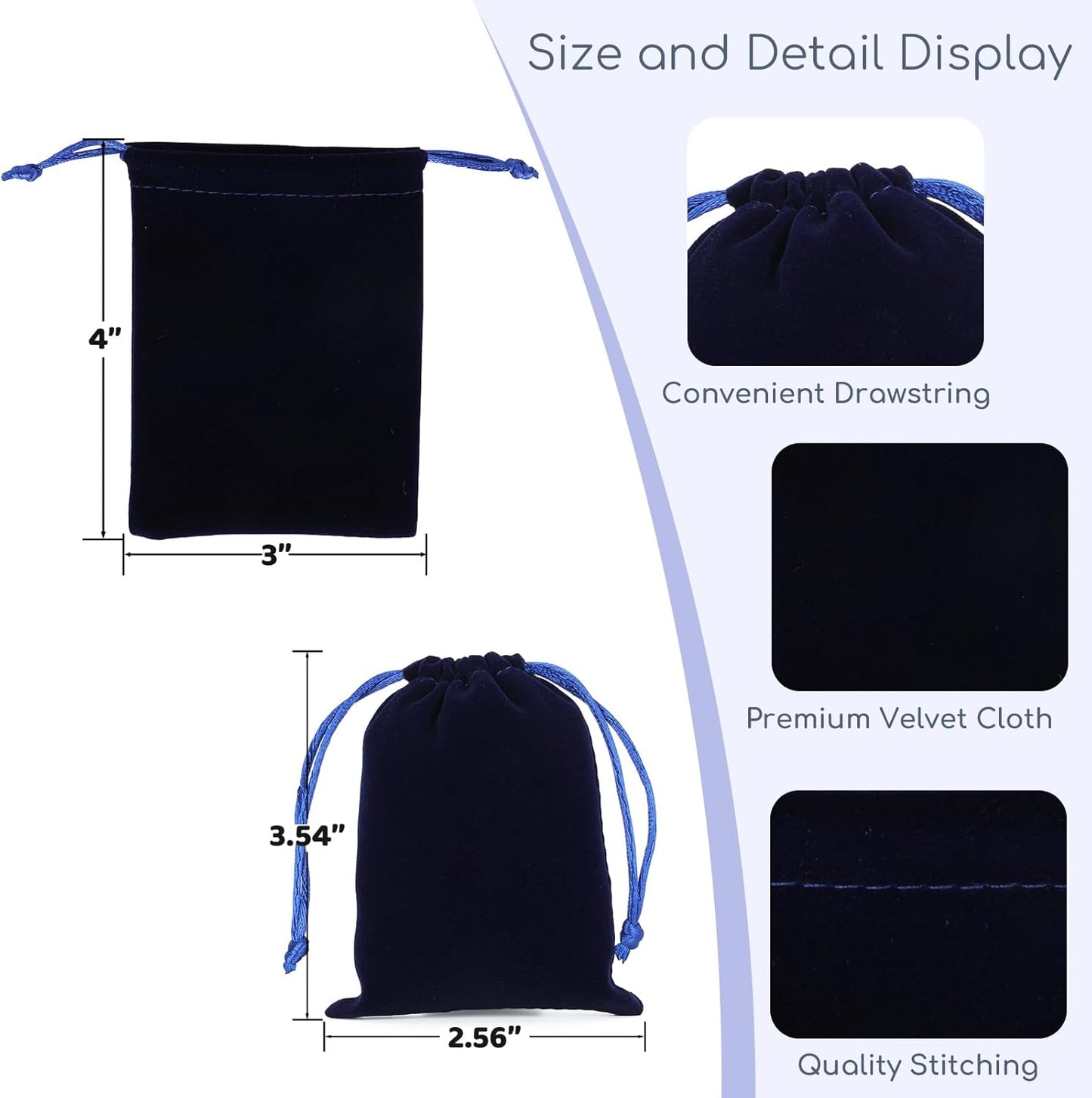 Velvet Drawstring Jewelry Bag, 50Pcs Blue Coin Pouch, 3x4 Dice Bag, for Small Jewelry, Wrapping Halloween Party Favors, Small Bussiness, Pendents, Bracelet, Customers