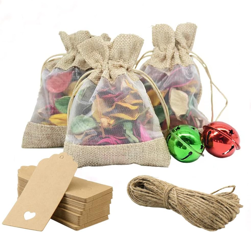 GIOIPC 50Pcs 4 x 6 Inch Linen Burlap Sheer Bags with Drawstring and Bonus Gift Tags for Wedding Birthday Bag,Craft Bags,Cosmetic Samples