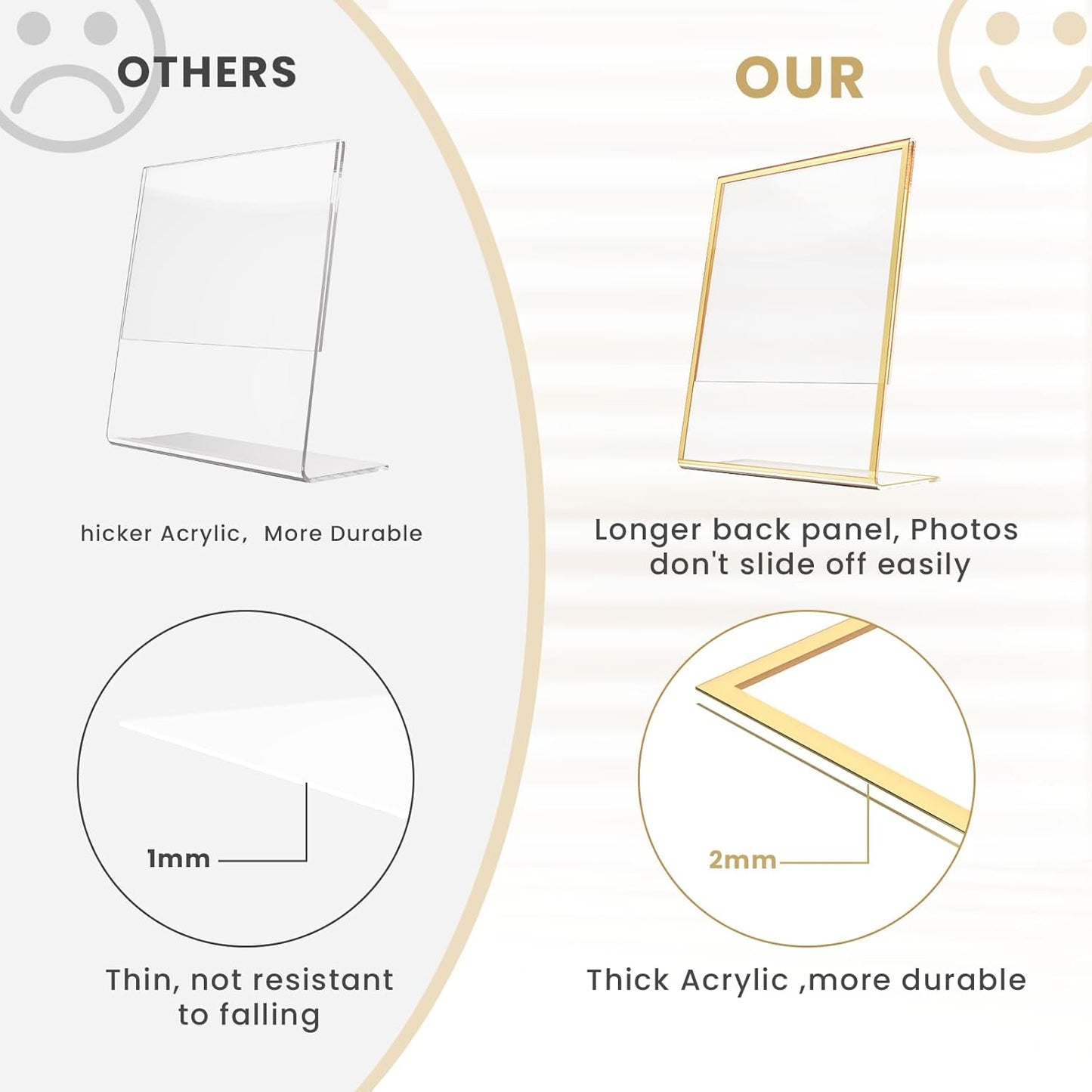 Acrylic Gold Frames 5X7, Slanted Back Gold Picture Frames Table Acrylic Sign Holder for Photos Wedding Table Numbers and Art Display with Removable Clear Sticky Dots，6 Pack