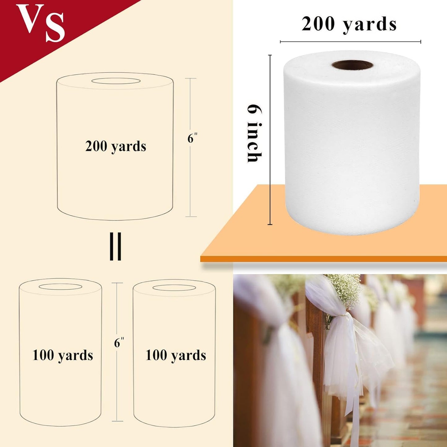 White Tulle Fabric Rolls 6 Inch by 200 Yards (600 feet) Fabric Spool Tulle Ribbon for DIY White Tutu Bow Baby Shower Birthday Party Wedding Christmas Decorations Craft Supplies