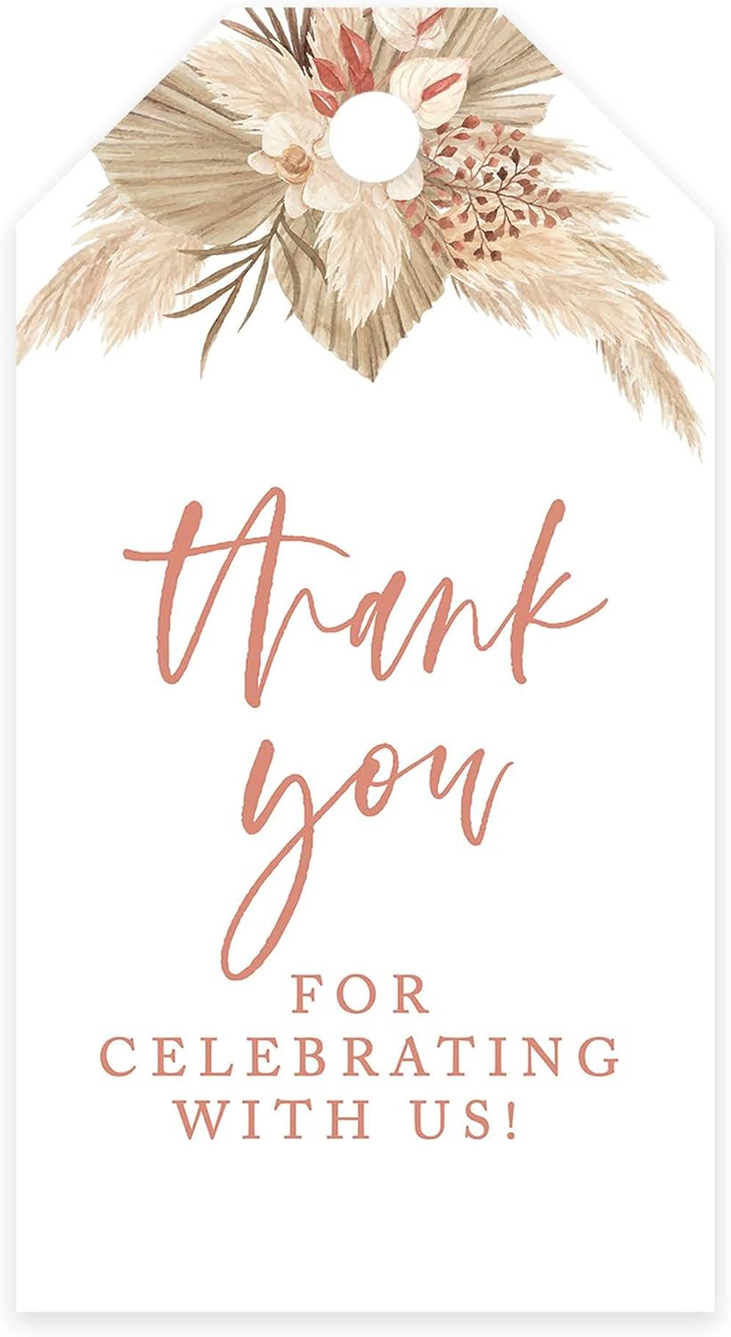 Andaz Press 100-Pack Thank You for Celebrating with Us Favor Tags Boho Dried Palm Leaves Cardstock Gift Tags with Bakers Twine for Wedding Baby Shower Bridal Shower Party Favors 2 x 3.75-Inches