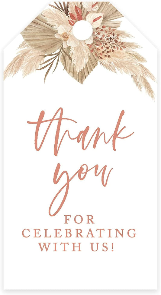 Andaz Press 100-Pack Thank You for Celebrating with Us Favor Tags Boho Dried Palm Leaves Cardstock Gift Tags with Bakers Twine for Wedding Baby Shower Bridal Shower Party Favors 2 x 3.75-Inches