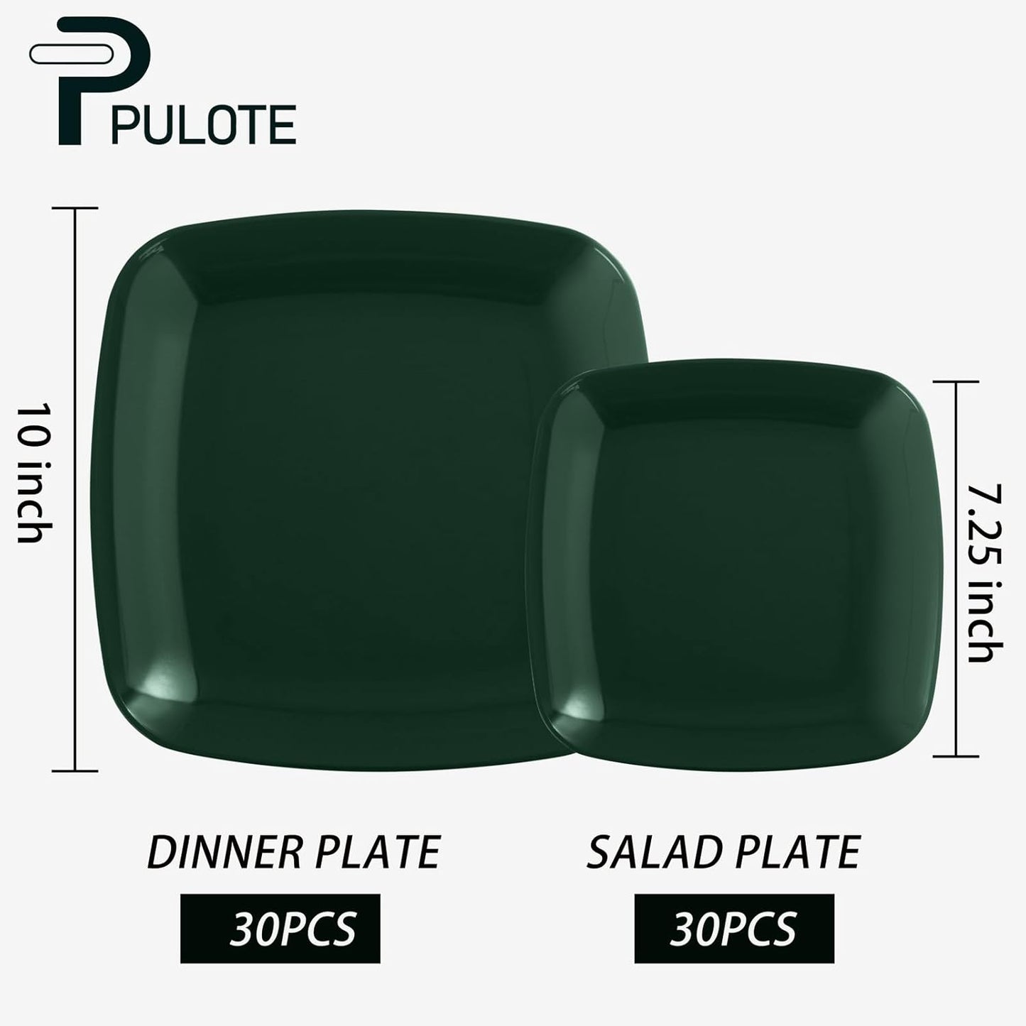 PULOTE 60PCS Green Square Plastic Plates - Green Disposable for 30 Green Guests Include 30 Dinner and 30 Dessert Plates for Party&Christmas