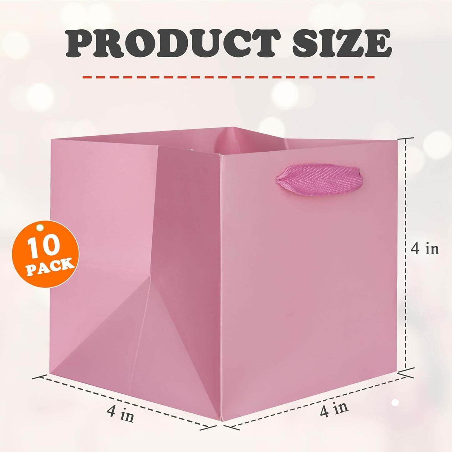 ADIDO EVA Pink Square Gift Bags Mini Small Size Square Bottom Paper Bags with Handles for Party Favor, Shopping Packaging Bags (4x4x4 In, 10 CT)