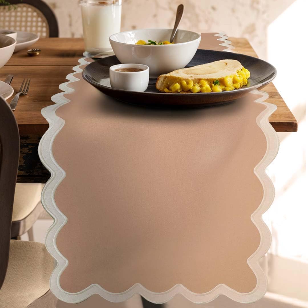 Folkulture Table Runners | Fall Table Runner 90 inches Long | Scallop Table Runner for Fall Decor or Boho Decor | Brown Table Runners for Dining Room | Thanksgiving Decorations for Home