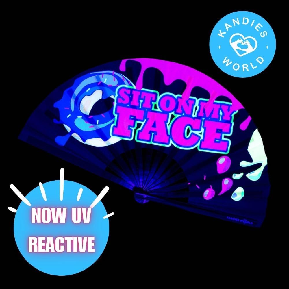 Kandies World Custom Festival Folding Hand Fan - Unique Designs, Made of Bamboo, Clacking Sound, Lightweight - Perfect Rave and Festival Accessory!