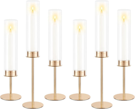 Gold Candle Holders Set of 6 for Glass Taper Candle Holders,Hurricane Candlestick Holder for Home Decor, Wedding, Dinning, Party Decorative, Anniversary (6,Gold)