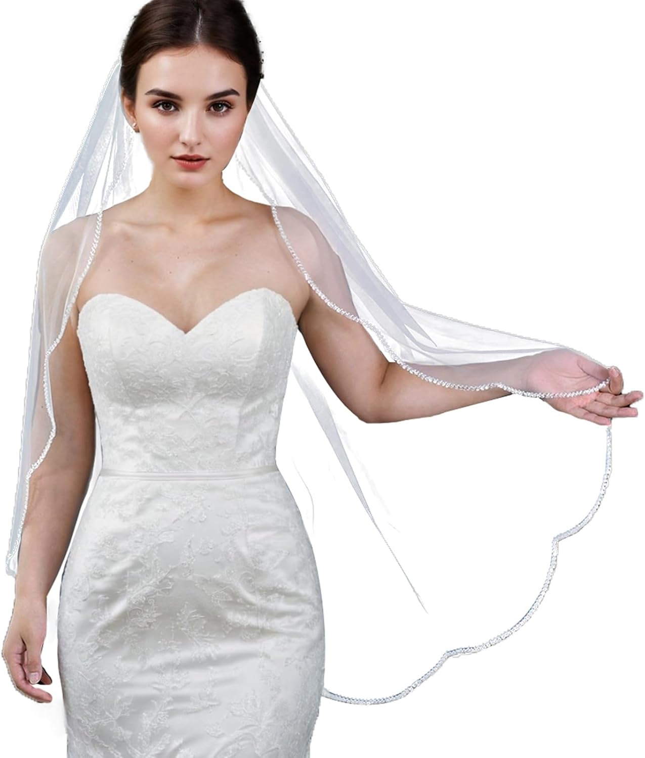 Bridal Veils Pearls and Crystals Beaded Edge Fingertip Length Wedding Veil for Women