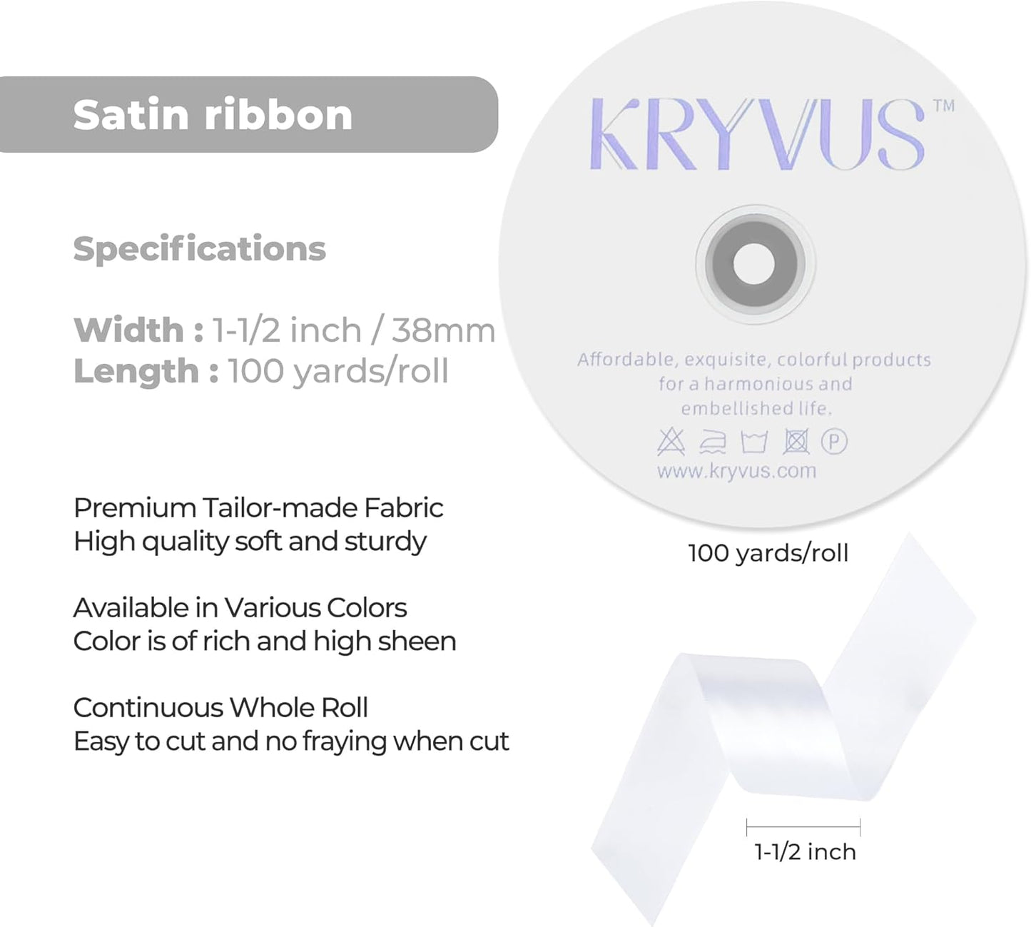 White Satin Ribbon 1-1/2 inch X Continuous 100 Yards, Single Face Polyester Ribbon Perfect for Gift Wrapping, Flower Bouquet, Wedding Decor, Crafts, Bow Making, Sewing and More
