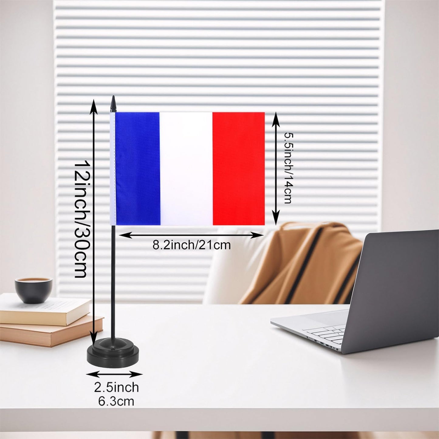 France Desk Flag 12" Solid Pole Deluxe Set French Flags Banner Mini Small France Office Table Flags with Black Stand Base Desktop Decorations(2Pack)