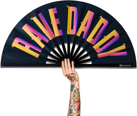 UV Glow Rave Fan, Bamboo Folding Clack Hand Fans Foldable for Men Women, Boots on the Ground Poping Fan for EDM Festival Line Dance Decoration, (Rave Daddy, Large 13")