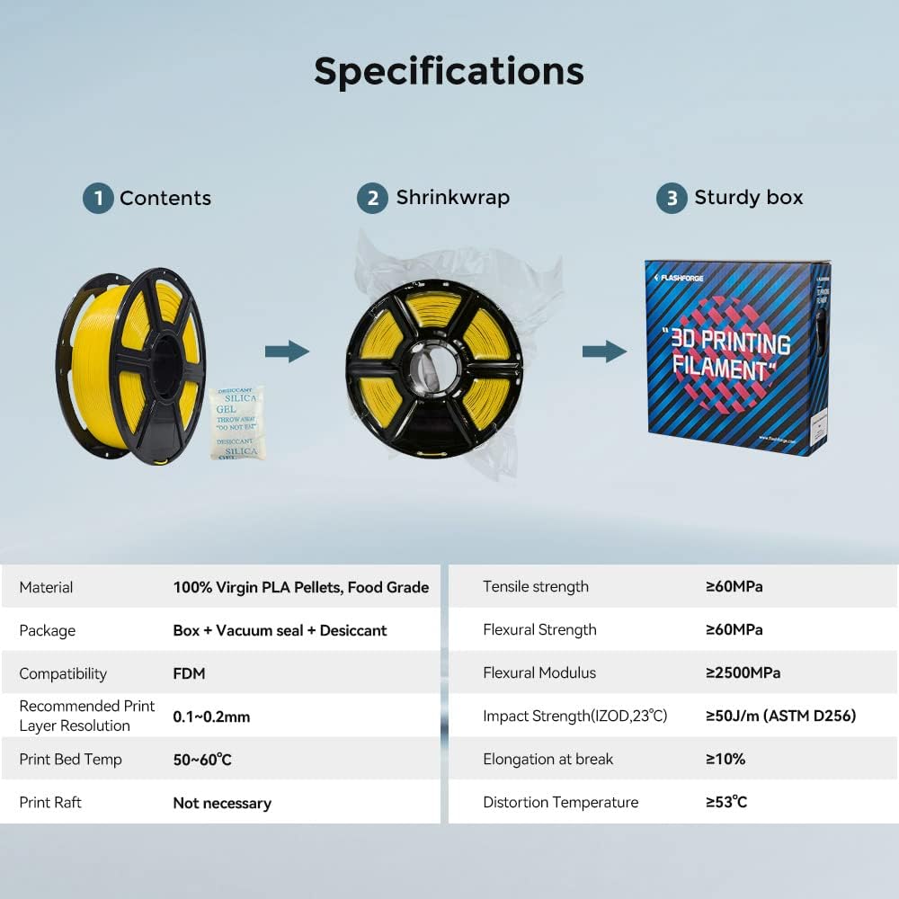 FLASHFORGE 3D Printer Filament, PLA PRO Filament 1.75mm, 1KG Spool (2.2lbs), Dimensional Accuracy +/- 0.02mm for FDM 3D Printers, Better Tenacity & No Knotting (Yellow)