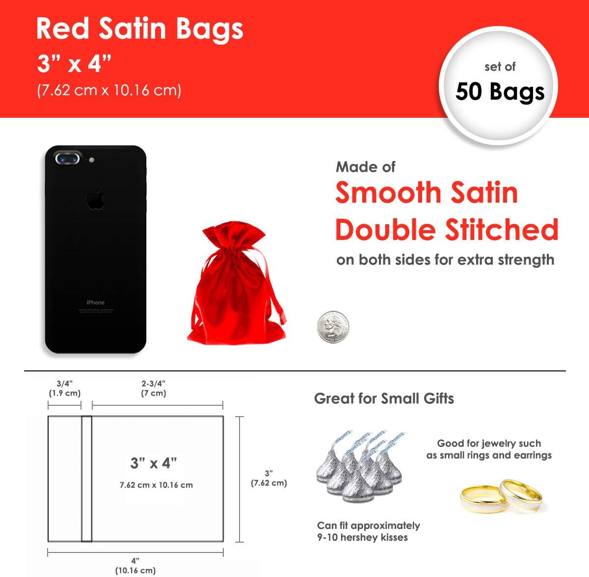 3" x 4" Red Satin Gift Bags, Jewelry Bags, Wedding Favor Silky Drawstring Baby Shower Christmas 50 per Pack