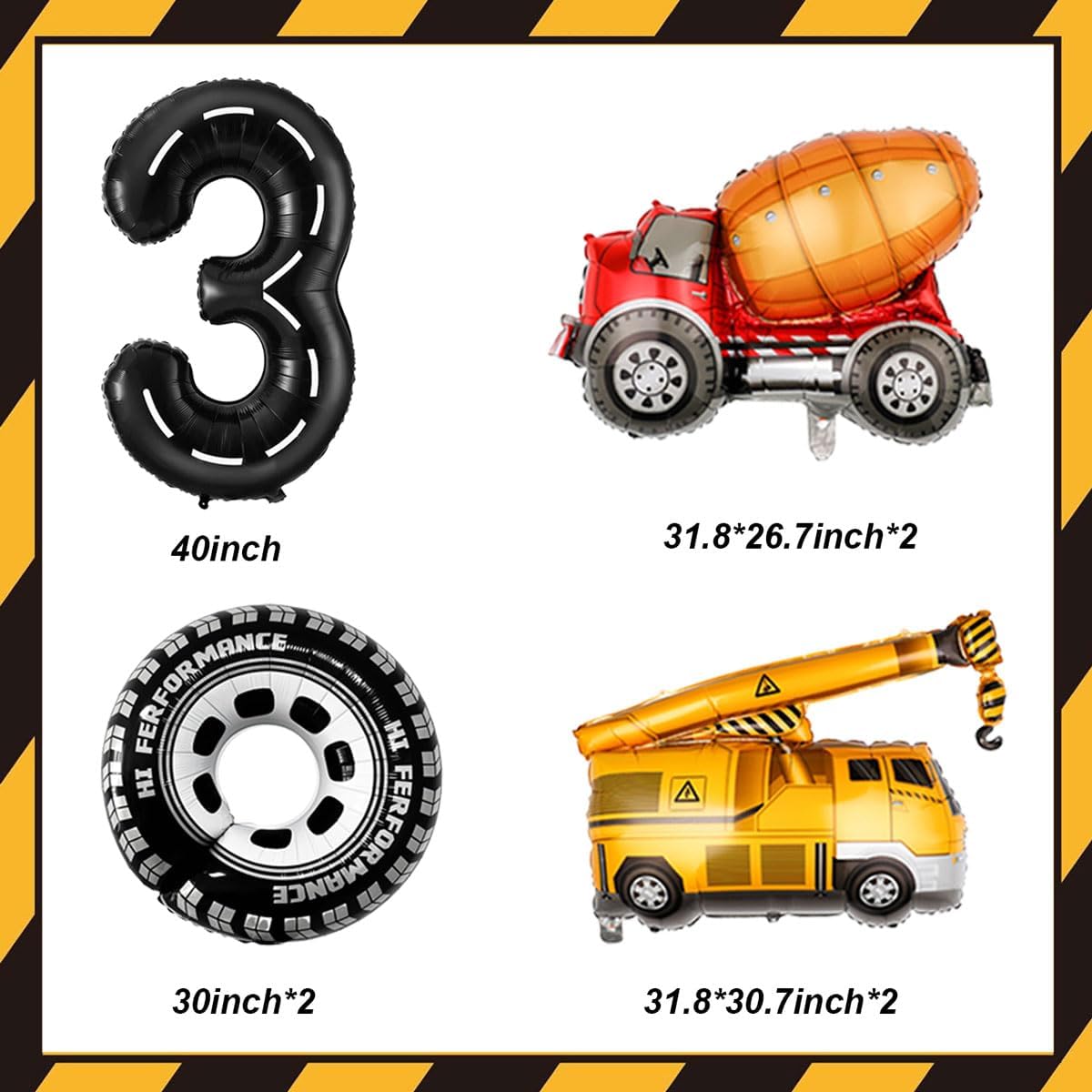 3rd Birthday Decorations for Boys Construction Balloons 40inch Number 3 Balloons Truck Foil Balloon for Construction Birthday Party Decorations Supplies