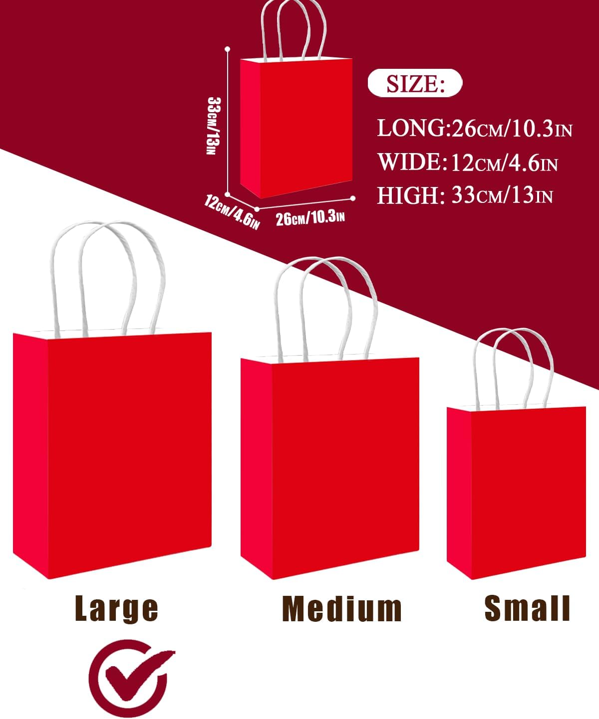 qiqee 100PCS Gift Bag with Handles Bulk Red Paper Bags Multiple Uses (13''x5 x10 inch Large Size)