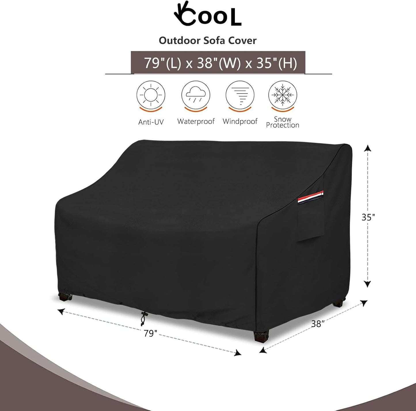 okcool Heavy Duty Patio Sofa Cover, 100% Waterproof 3-Seater Outdoor Sofa Cover Fits up to 79W x 38D x 35H Inches, Lawn Patio Furniture Covers,Black