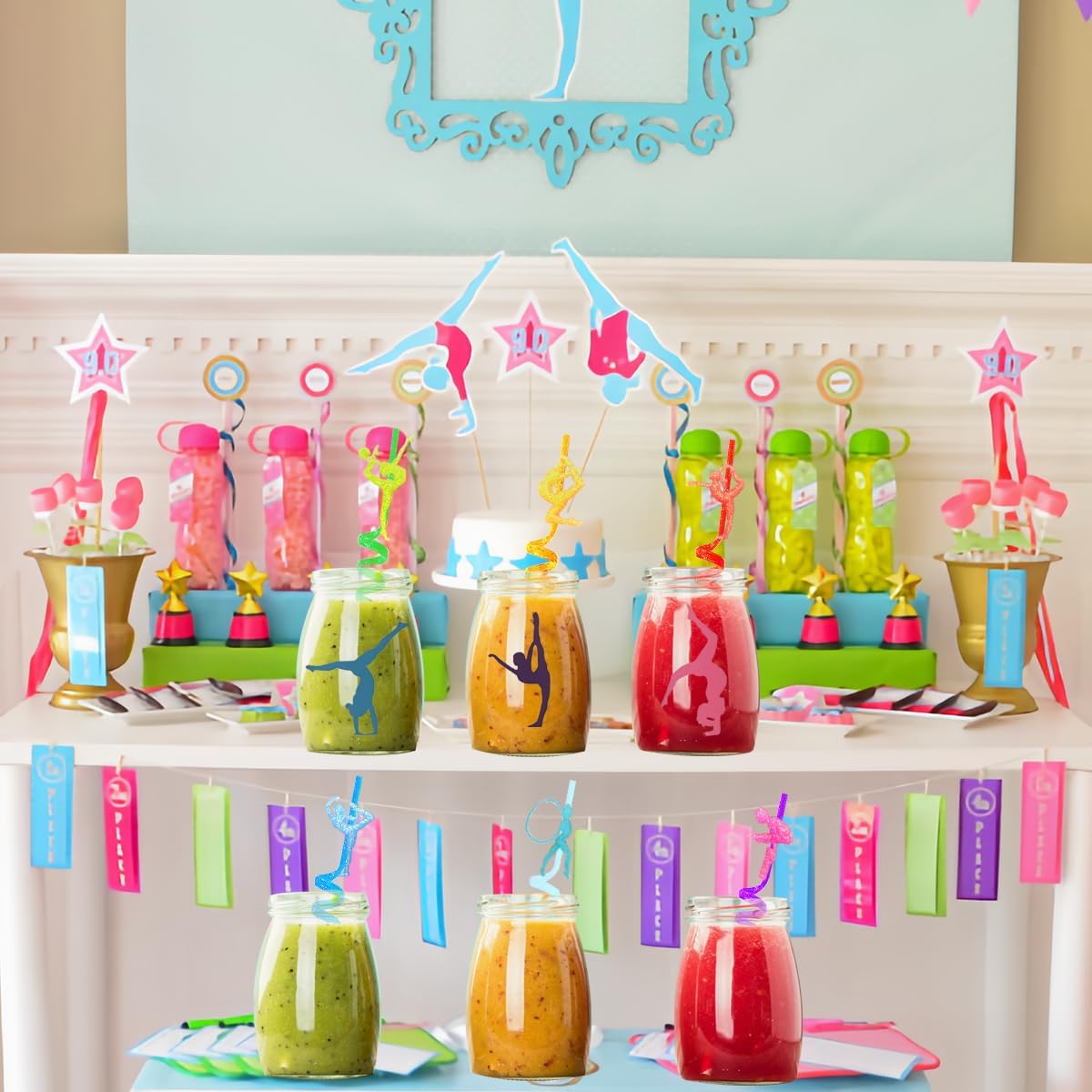 24 Reusable Gymnastics Party Glitter Straws,Cartoon Dance Aerobics Decoration Glitter Straws For Gymnastics Disco Party Favors With 2 Brushes 8Color