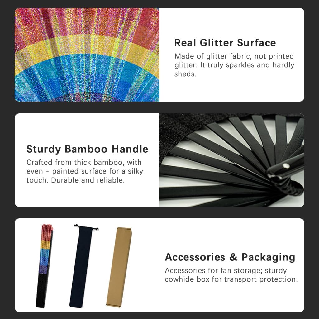 Large Rave Fan, Clack Folding Hand Fan with Premium Fabric, Thick Bamboo Frame for Men Women Gift for EDM, Festival, Club, Party, Dance, Decoration (Lridescent Rainbow, 13")