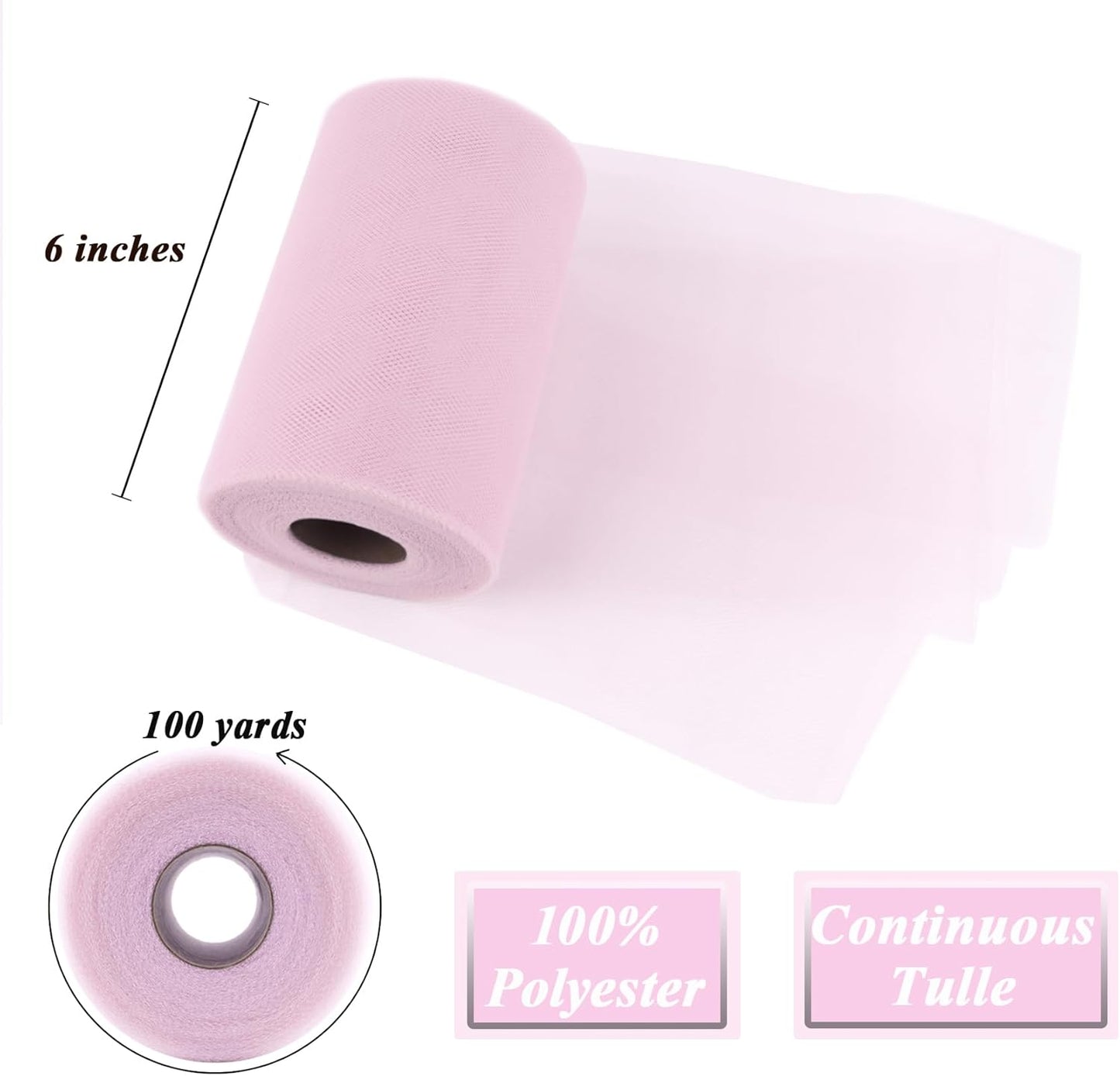 Soft Pink Tulle Fabric Roll 6" by 100 Yards (300 ft) Soft Tulle Spool for DIY Crafting Favor Supplies, Tutus, Wedding, Party Decorations, Gift Wrapping