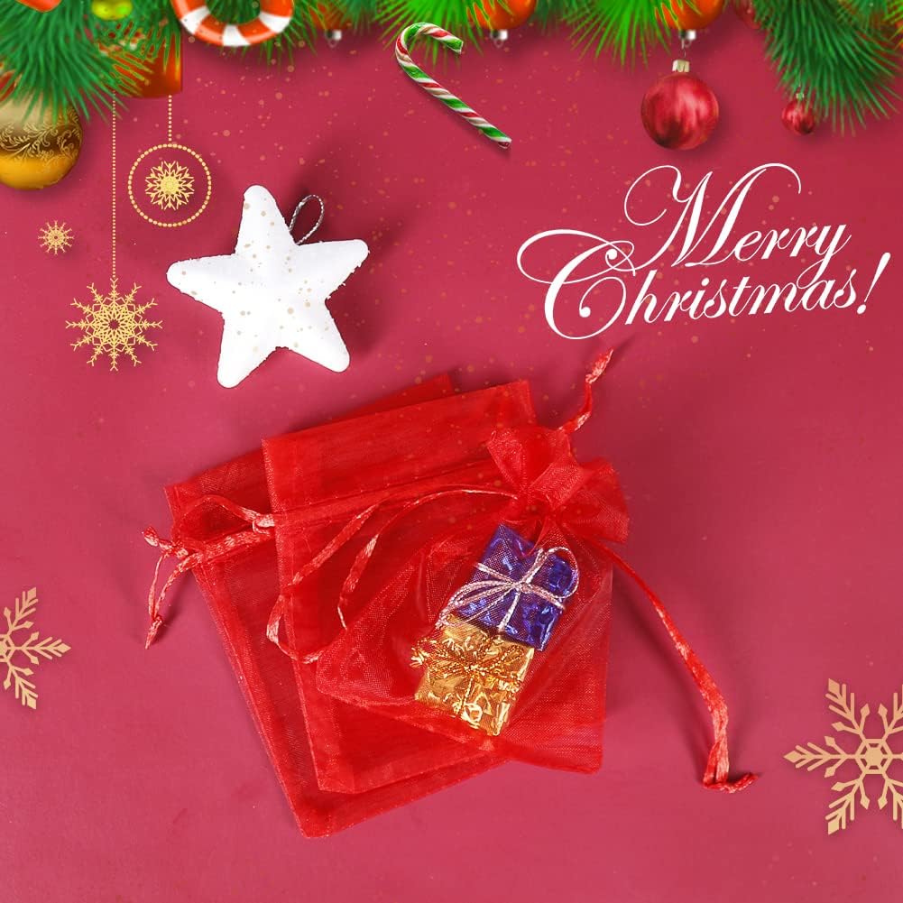 YQL Organza Bags 3x4,100PCS Red Mini Drawstring Bags Organza Jewelry Pouches Wedding Party Valentine Gift Mesh Candy Bag