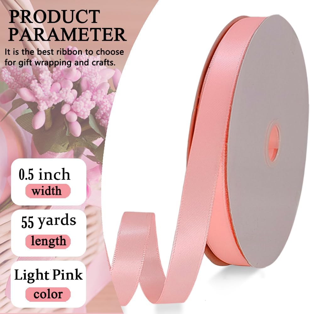 Light Pink Satin Ribbon Double Faced Satin 1/2 inch x 55 Yards Polyester Ribbon for Gift Wrapping Crafts Wedding Decoration Bows Ornaments Party Bouquet Floral Arrangement